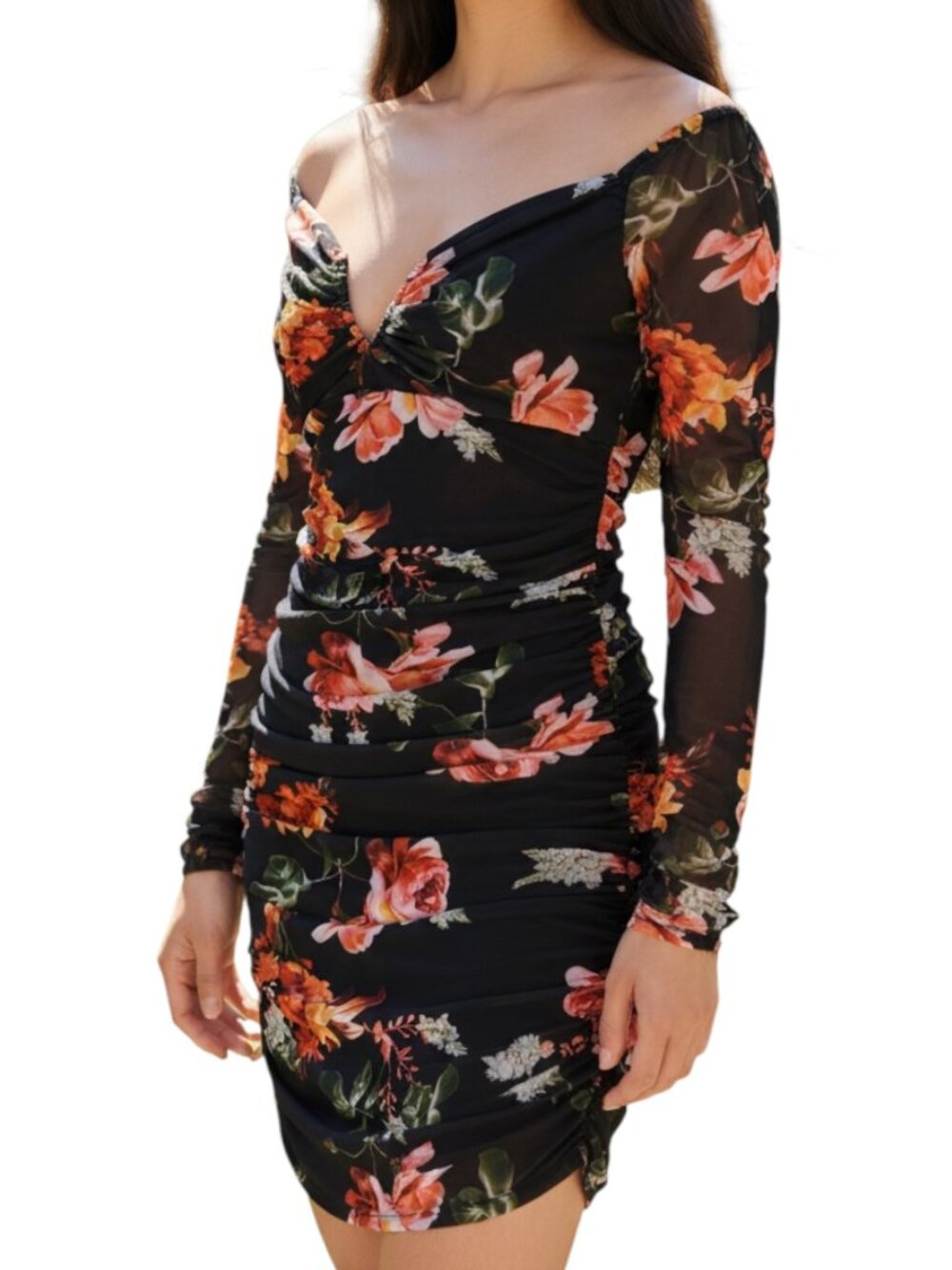 Guess Mini Dress Off Shoulder Sheath Ruched Mesh Stretch Knit Floral M NWOT